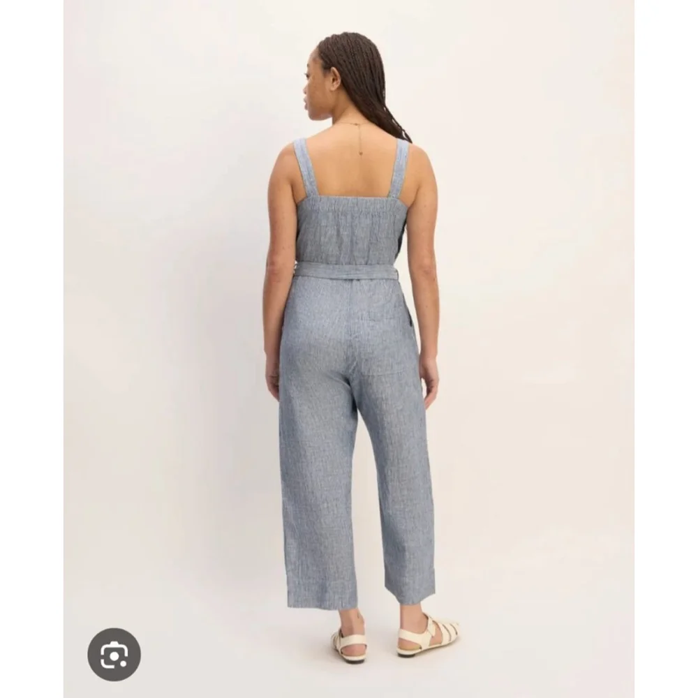 EVERLANE Button-Front Linen Striped Jumpsuit Size 8 Blue and White